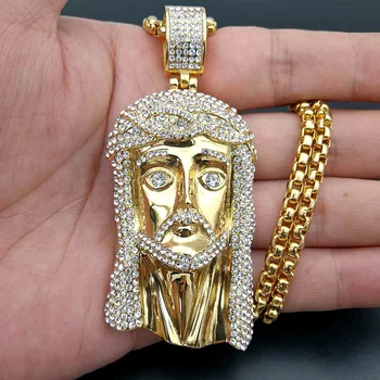 Hip-hop dżetów utorował Bling Iced Out Gold Color stal nierdzewna Jezus kawałek wisiorki Naszyjnik dla mężczyzn raper biżuteria