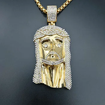 Hip-hop dżetów utorował Bling Iced Out Gold Color stal nierdzewna Jezus kawałek wisiorki Naszyjnik dla mężczyzn raper biżuteria