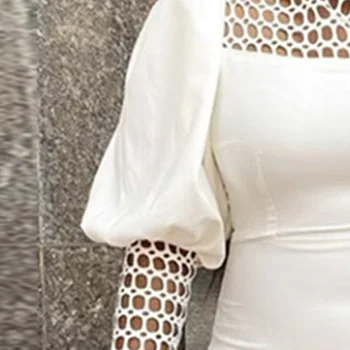 Hollw Out Plaid Patchowrk Women Dress White Bodycon Midi Robe Femme 2020 Lato Jesień Lampa Z Długim Rękawem Biurowe Sukienki Maxi