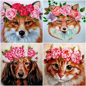 HUACAN 5D Diamond Painting Dog Animal Full Square Diamond Flower Mosaic Cat Embroidery Fox Home Decor