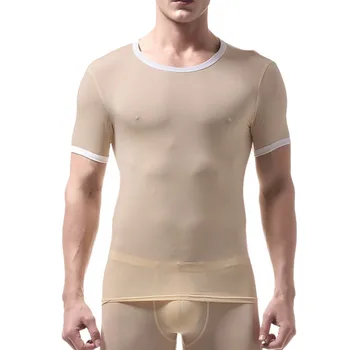 Ice jedwabne koszulki Tee Tops Sexy Men Fitness T shirt przezroczysty z krótkim rękawem Solid Singlet T-shirt Male See-Through Sleepwear