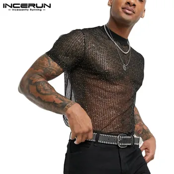 INCERUN 2021 Fashion Men Mesh T Shirt See Through Short Sleeve Slim Shiny Party Nightclub Sexy koszulki cienkie, oddychające Camiseta