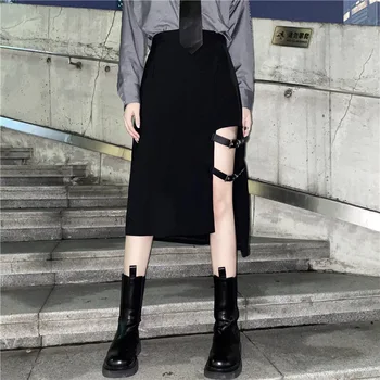 InsDoit Harajuku Gotycki Smok Drukowania Czarna Spódnica Uliczny Punk Bandaż Patchwork Spódnica Kobiety Stare Sexy Hollow, Spódnice