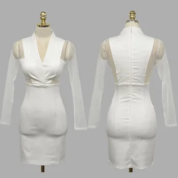 Jesień Klub Sexy Serek Materiał Kobiety Siatka Patchwork Sukienka Bodycon Mini Biały Z Długim Rękawem Sukienka