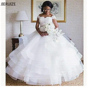 JIERUIZE białe koronkowe aplikacje wielowarstwowe suknie ślubne sweetheart z ramienia sukienki druhny tanie suknie ślubne