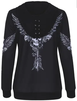 JIEZuoFang Gothic Women Kapturem Sweatshirt Black Skull Wing Print Zip Up Loose Sznurowane Casual Plus Size Darkness Street Kapturem