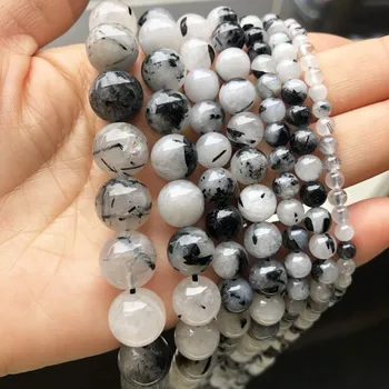 Kamień naturalny czarny рутиловый kwarc, okrągłe luźne koraliki DIY biżuteria bransoletka charms akcesoria 15