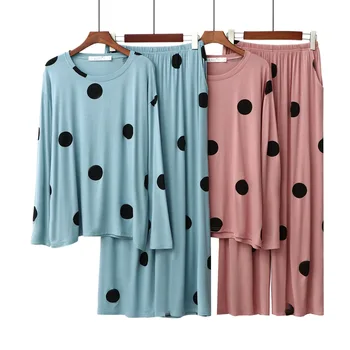 Kawaii Pajama 2020 Polka Dot Pajamas Women Modal Thin Long-sleeved Pants Suit Home Stretch Suit Polka Dot Print Set Pajama