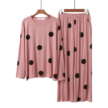 Kawaii Pajama 2020 Polka Dot Pajamas Women Modal Thin Long-sleeved Pants Suit Home Stretch Suit Polka Dot Print Set Pajama
