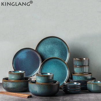 KINGLANG Nordic Blue Tableware Set mikrofalowa szkliwione ceramiczne ryż sałatka okrągłe naczynie Jadalnia, zestaw naczyń talerz