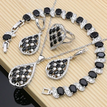 Kobiety Maskarada 925 srebro biżuteria zestawy czarny CZ hiperbola projekt kolczyki moda kostium naszyjnik zestawy dropshipping