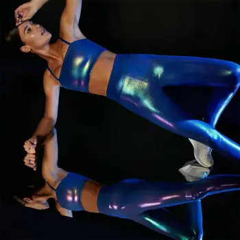 Kobiety Panie Joga Ćwiczenia W Siłowni Błyszczące Sportowe Spodnie Legginsy Fitness Wysokiej Talii Spodnie Stretch