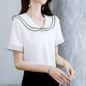 Kobiety wiosna-lato styl szyfon bluzka koszula Lady codzienne z krótkim rękawem Peter Pan kołnierz Blusas topy ZZ0480