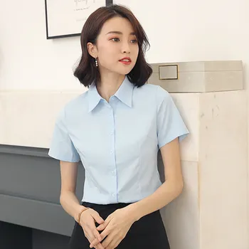 Koreańska biała koszula bluzka koszule Damskie bluzki damskie robocze koszule z krótkim rękawem bluzki plus rozmiar biurowe Lady elastyczna różowa koszula 5XL