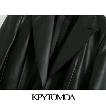KPYTOMOA kobiety 2021 mody sztuczna skóra temat marynarek płaszcz vintage kieszenie z długim rękawem tylne otwory wentylacyjne Damskie kurtki eleganckie bluzki