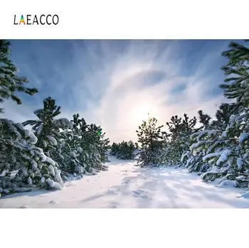 Laeacco Zimowy Krajobraz Sosna Błękitne Niebo, Śnieg, Zdjęcia Tła Indywidualne Fotograficzne Tła Dla Studia Fotograficznego