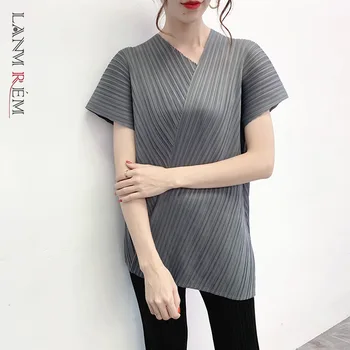 LANMREM 2021 wiosna lato nowa plisowana odzież dla kobiet v kołnierz temat codziennych bluzki z krótkim rękawem famale nieregularne moda WH725