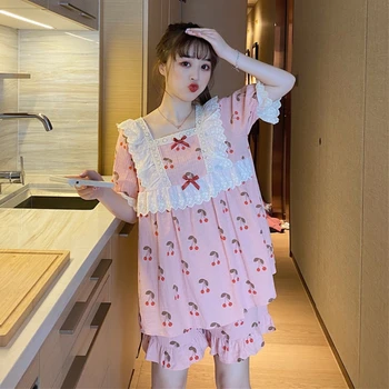 Lato słodki kwadratowy kołnierz koronki splicingu Wiśniowy print piżamy dla dziewczynek Studencka strona odzież bielizna nocna dwuczęściowy kostium kobieta koreański