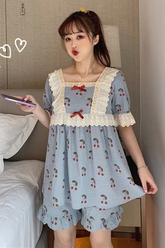 Lato słodki kwadratowy kołnierz koronki splicingu Wiśniowy print piżamy dla dziewczynek Studencka strona odzież bielizna nocna dwuczęściowy kostium kobieta koreański