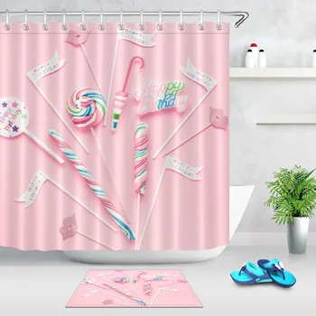 LB kolorowe cukierki prysznic kurtyny zestaw wodoodporny poliester różowy łazienka kurtyna z 12 hakami dla dziewczyn i Pani wanna wystrój