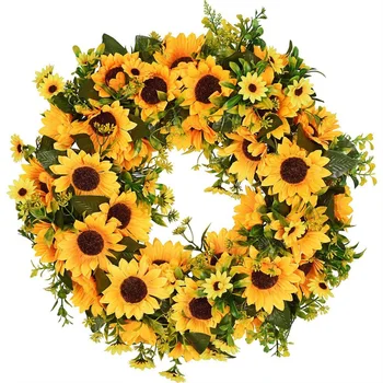 LBER sztuczny słonecznik letni wieniec-16-calowy dekoracyjny fałszywy kwiatowy wieniec z żółtym słonecznik i zielonych liści do przodu D
