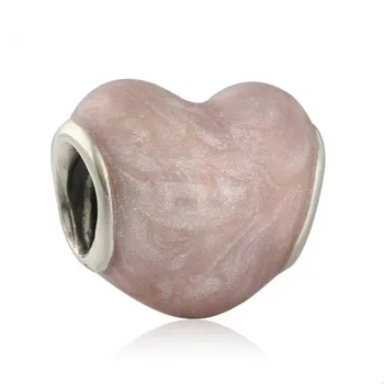 Letni Dzień matki 925-srebro błyszcząca różowa emalia serce charms koraliki pasuje marki bransoletki DIY biżuteria