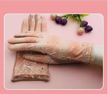 Letnie damskie cienkie bawełniane anty-UV rękawice z dotykowym ekranem damskie eleganckie pełne palce motyl koronkowe rękawiczki jazdy okulary rękawice