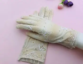 Letnie damskie cienkie bawełniane anty-UV rękawice z dotykowym ekranem damskie eleganckie pełne palce motyl koronkowe rękawiczki jazdy okulary rękawice