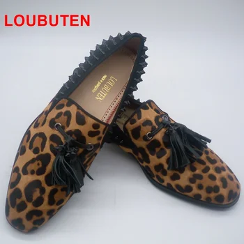 LOUBUTEN luźne końskie włosy leopard print pędzelkiem mokasyny męskie nity buty markowe skórzane слипоны sukienka buty codzienne buty męskie
