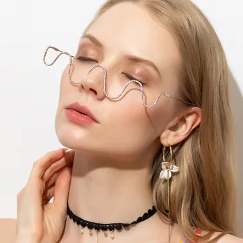 Luksusowe kryształowe okulary kobiety 2020 Diamnond Steampunk Metal wave Brand Fashion Onepiece męskie okulary Gafas okulary UV400