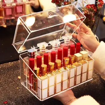 Makijaż organizator pudełko do przechowywania z pokrywą perfumy, szminka wyświetlacz akrylowy półka pojemnik do przenoszenia pokrowiec kosmetyczny dużej pojemności