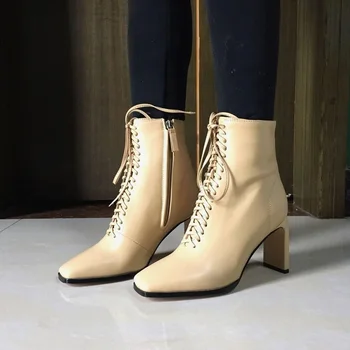 Marka konstrukcja koronki-up kwacze skóra botki dla kobiet sexy szpilki moda kwadratowy nosek buty damskie duży rozmiar niu pompy