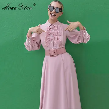 MoaaYina Fashion Designer dress wiosna jesień kobieca sukienka z długim rękawem Plisowana Bow eleganckie sukienki