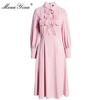 MoaaYina Fashion Designer dress wiosna jesień kobieca sukienka z długim rękawem Plisowana Bow eleganckie sukienki