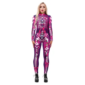 Moda 2020 nowy dorosły szkielet drukowanych duch straszny kombinezon z długim rękawem body Halloween karnawał kostium party dla kobiet