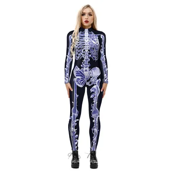 Moda 2020 nowy dorosły szkielet drukowanych duch straszny kombinezon z długim rękawem body Halloween karnawał kostium party dla kobiet