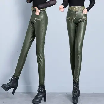 Moda Damska Skóra Naturalna Spodnie 2020 Zima Nowe Aksamitne Cienkie Spodnie Wysoka Talia Legginsy Ołówek Spodnie Skórzane Spodnie Pu Spodnie