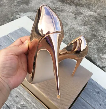 Moda sexy 12 cm ekstremalne wysokie obcasy płytki lustro ostry nosek metalowy kolor szampan złoto srebro QP029 ROVICIYA