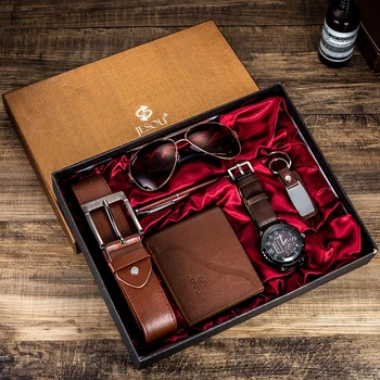 Modne zegarki męskie luksusowe prezenty zestaw okulary wysokiej jakości pasek zegarek portfel, brelok długopis dla mężczyzn Walentynki boże Narodzenie