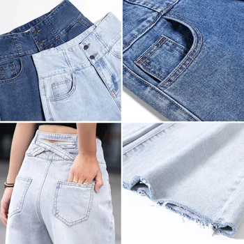 Modny dwurzędowy jeansowe spodnie dla nóg kobiet dorywczo wysoka talia temat jeansowe spodnie uliczne proste spodnie kieszenie