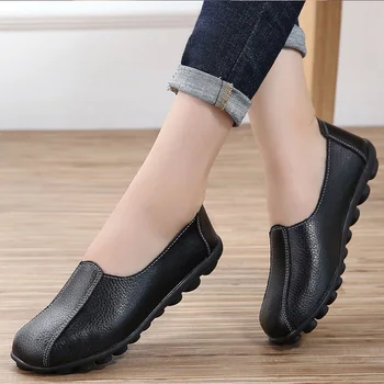 Mokasyny kobiety skóra naturalna mieszkania krótkie pluszowe zimowe casual buty Damskie płaskie duże rozmiary 9.5 / 10 solidne czarne buty kobiety