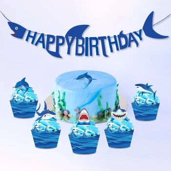 Morska Temat Blue Shark Cake Topper Happy Birthday Party Decoration Ocean Wave Cupcake Wrapper Baby Shower Party Supplies