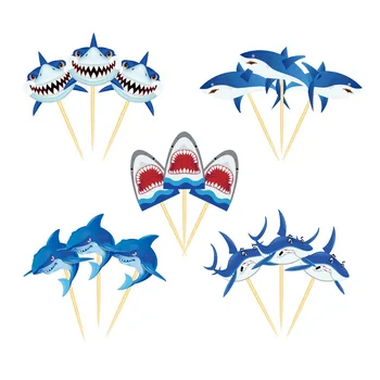 Morska Temat Blue Shark Cake Topper Happy Birthday Party Decoration Ocean Wave Cupcake Wrapper Baby Shower Party Supplies