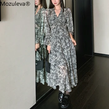 Mozuleva 2020 jesień Vintage plisowane V-neck kwiatowy print kobiety szyfonowa niebieska sukienka damska elastyczny pas ruffle Vestidos plus size