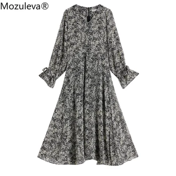 Mozuleva 2020 jesień Vintage plisowane V-neck kwiatowy print kobiety szyfonowa niebieska sukienka damska elastyczny pas ruffle Vestidos plus size