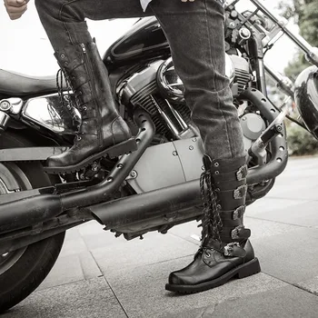 Męskie skórzane motocyklowe, buty do połowy łydek wojskowe buty bojowe gotycki pas czaszka punk buty Męskie buty taktyczne wojskowe buty Warm46