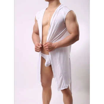Mężczyźni Sukienkę Szlafrok Sexy Piżama Piżamy Hombre Bez Rękawów Z Kapturem Casual Kimono Szlafrok Koszula Nocna Szlafrok Jednolity Kolor