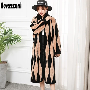 Nerazzurri winter luxury real fur coat women color block long thick lamb shearing coat woman sheep wool jacket streetwear 2019