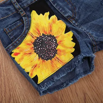 Niemowląt dziewczynek słonecznika Mody 2 szt. zestaw odzieży moda druku Mike ' a i jeansowe szorty zestaw