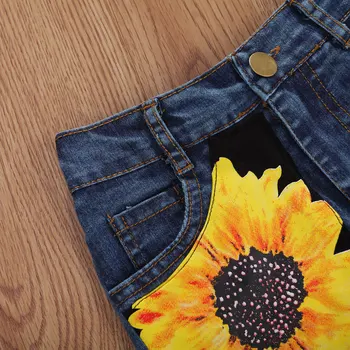 Niemowląt dziewczynek słonecznika Mody 2 szt. zestaw odzieży moda druku Mike ' a i jeansowe szorty zestaw